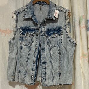 Free People Light Wash Distressed Denim Vest S